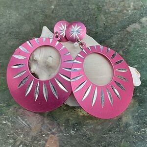 Big Pink Silver Sunburst Round Dangle Earrings Diamond Cut Sparkling Retro